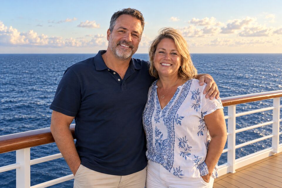 AI-generated illustration of a couple smiling at the camera on a cruise ship deck