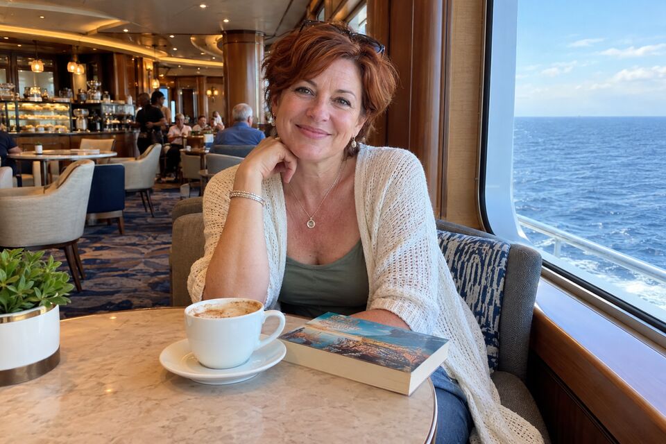 AI-generated illustration of a solo traveler smiling at the camera in a cruise ship coffee lounge