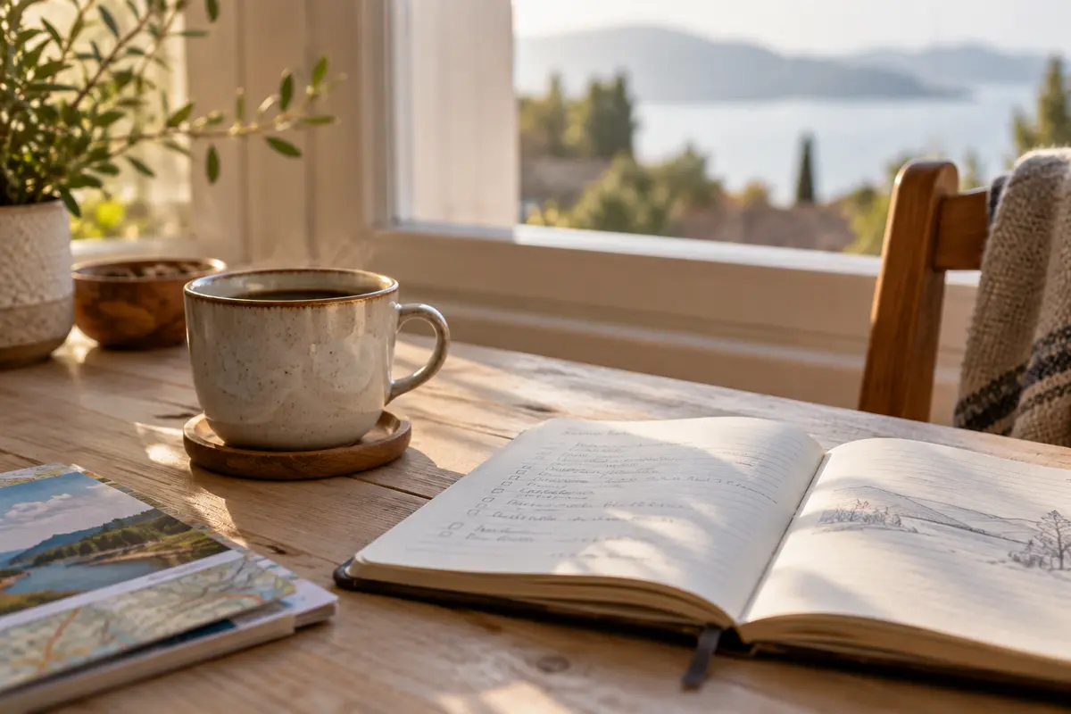 Quiet morning coffee and open notebook for choosing a vacation style