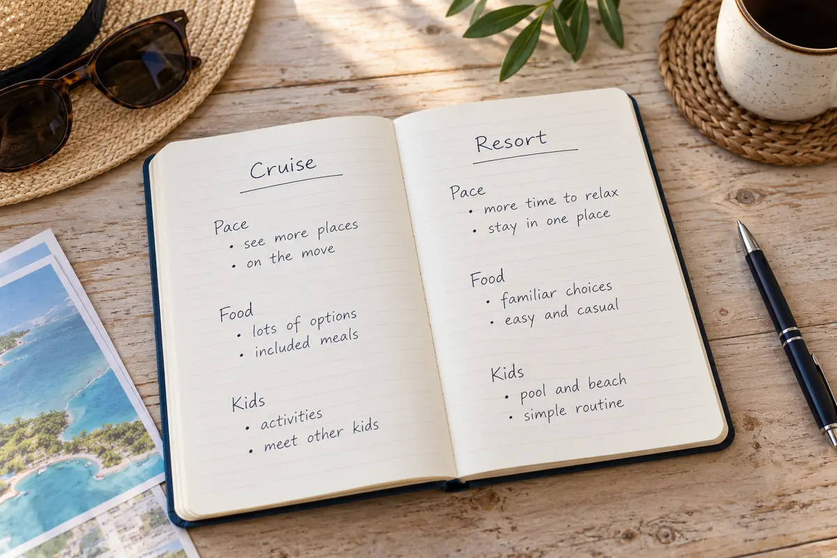 Notebook comparing cruise and resort tradeoffs for food, pace, and kids